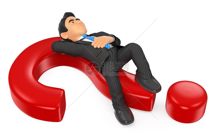 3D商业界人士插图商业界人士深思熟虑地躺在一个问题标记上孤图片