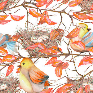 无缝水彩鸟和树枝上有红叶的蜂巢无缝模式图片