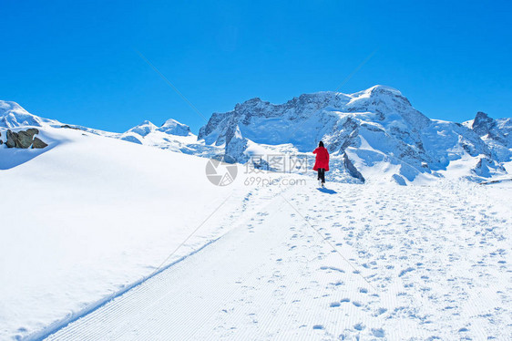 年轻女旅游者看到雪山的美丽景色图片