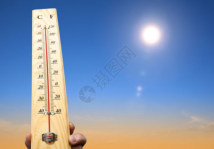 手持温度计和热天气背景图片
