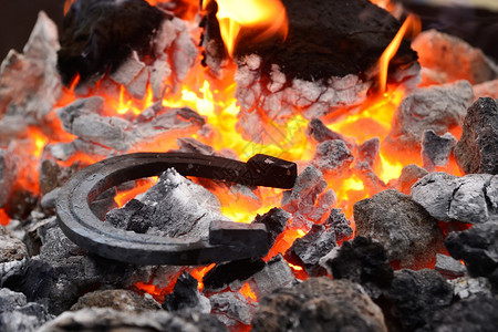 铁马蹄铁躺在热煤和燃烧的火焰上图片