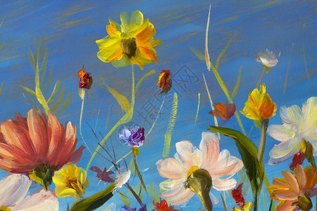 艺术品手工抽象油画鲜艳的花朵卉景观红色黄色蓝色紫色抽象花背景图片