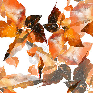 印上橙红色的热带树叶手绘无缝模式数字绘图和水彩纹理纺织装饰和设计的背景植物壁纸混合媒图片