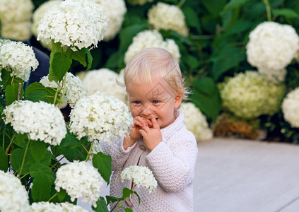 可爱笑的婴孩站在鲜花生活方式快图片