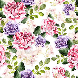 绿色叶子玫瑰和兰花的水彩色图案图片