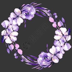 水彩紫色杜鹃花和树枝花环图片