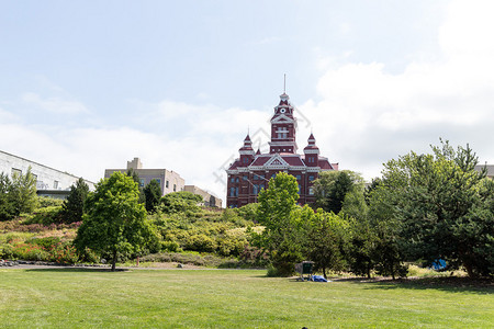 俯瞰公园的大型教堂建筑图片