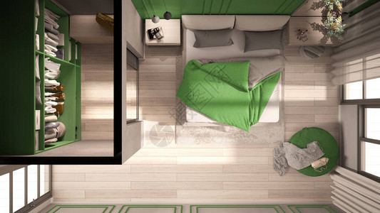绿色调的简约经典卧室配有步入式衣橱带羽绒被和枕头的双人床边桌和地毯图片