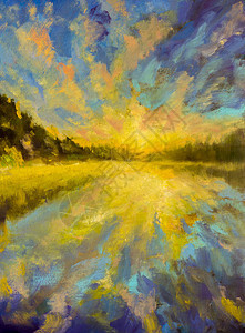 油画风景湖水河海的日落黎明太阳的光芒反射在水中绿色森林海景调色刀印象派艺背景图片