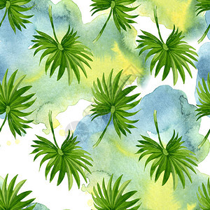异国情调的夏威夷夏天棕榈滩树叶丛林植物水彩插图集水彩画时尚水彩画无缝背景图案织物背景图片