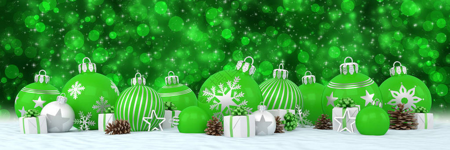 许多绿色和银色圣诞小玩意和圣诞装饰品在绿色散景背上的3d渲染全景图片
