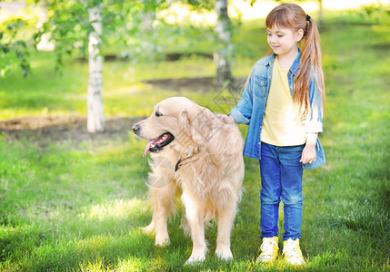 公园里的小女孩和善良的大狗图片