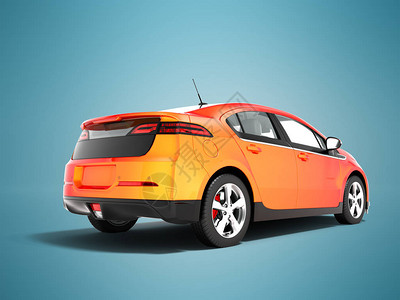 现代电动汽车轿背影黄色红3D在蓝色背景图片