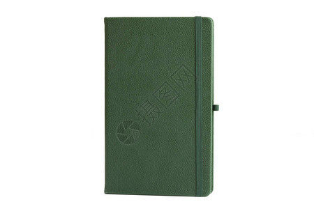 绿色皮革PU议程日记笔本与笔筒隔离在白色背景在文具中图片