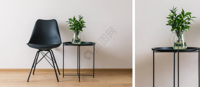 黑咖啡桌与现代椅子附近的绿图片