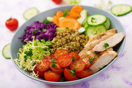 健康的沙拉配鸡肉西红柿生菜胡萝卜芹菜红卷心菜和绿豆在浅色背景适当的营图片