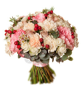 带玫瑰超生和康乃馨的婚纱花束白本图片