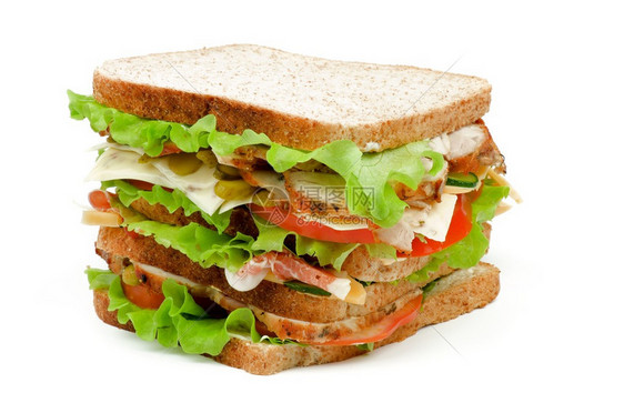 与土耳其肉类培根芝士番茄麦加金和全小麦面包生菜一起的大美味三明治图片