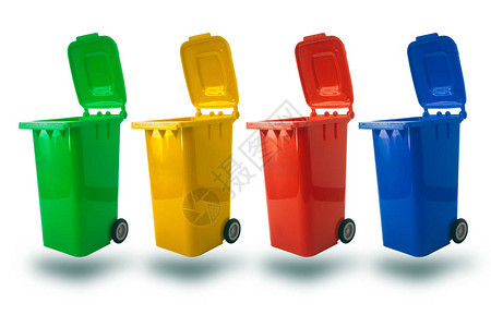不同类型废物开放封盖塑料垃圾桶或回收垃圾桶的图片