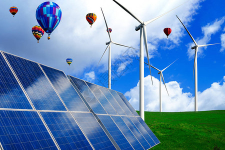 自然景观中的太阳能电池板光伏电池和风力涡轮机农场发电机用于生产可再生绿色能源是友好产业清洁可背景图片