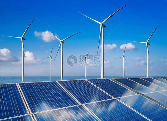 自然景观中的太阳能电池板光伏电池和风力涡轮机农场发电机用于生产可再生绿色能源是友好产业清洁可图片