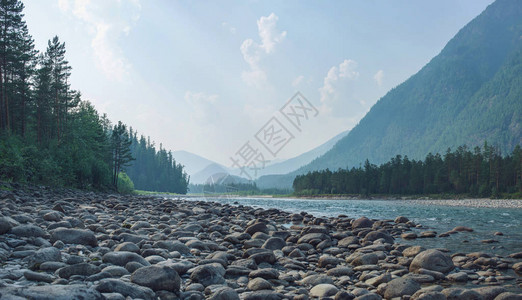 山川的美丽景色在森林树木和岩石之间在背景图片