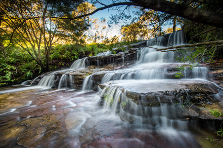蓝山公园美丽的瀑布和绿树图片