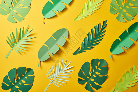黄背景无缝图案的绿棕榈叶Yelow背景图片
