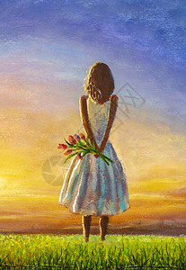 美丽的女孩妈在夏日田里盛着一束鲜花赞美多彩的日落黎明图片