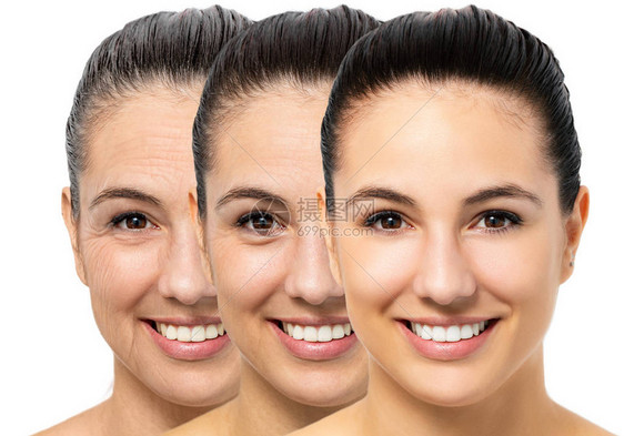 近距离的年轻女概念肖像显示皮肤衰老过程图片