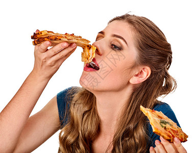 学校食堂女人吃披萨学生在桌子上吃快餐库克教授烹饪和分享食谱女孩急切地独自吃垃圾背景