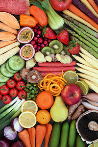 以新鲜蔬菜和水果形成抽象背景的大型健康食品选择促进身体健康富含抗氧化剂花青素矿物质维生素和膳食纤维的图片