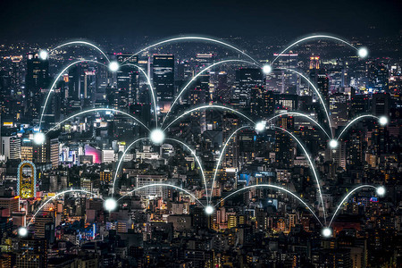 商业网络连线激光束和空中城市景点中心入口图片
