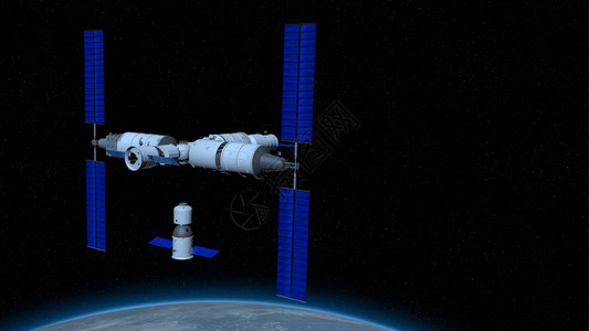 神舟载人航天器在与天宫三号的天河核心舱耦合的方向上空间站与下面的行星在黑色空间与恒星背景图片