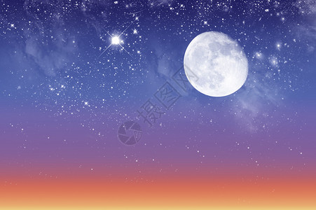 美丽的黄昏和满天星斗的天空与月亮图片