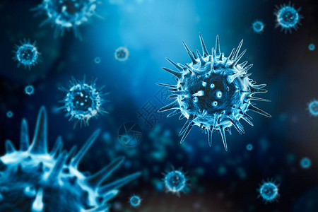 蓝色上的微观通用细胞3D渲染插图微生物学传染病感染流行病冠状医学病理背景图片