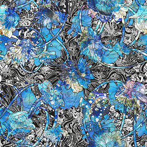 抽象的无缝模式有蓝色花朵背景图片