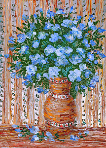静物油画橙色花瓶中的蓝色花束图片