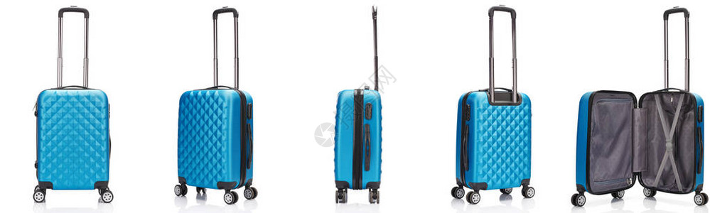 蓝色轮式彩色手提箱的拼贴图手柄背景图片