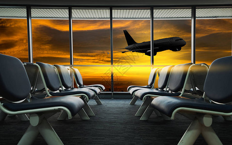 空机场候机区有椅子和机场座图片