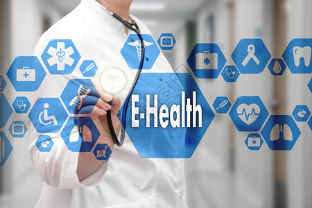 医生用听诊器和电子健康字在医院背景的虚拟屏幕上的医疗网络连接技图片