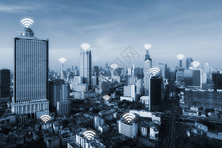 Wifi图标和曼谷城市与网络连接概念曼谷智能城市和无线通信网络抽象图像图片