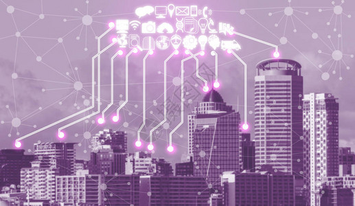 智能城市无线通信网络以图形显示物联网IOT和信息通信技术ICT的概念与现代城图片