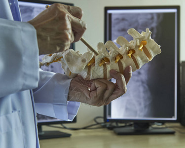 神经外科医生用铅笔指着医务室的腰椎型结巴神经根背景图片
