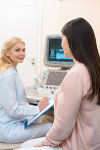 妇产科医生在超声波扫描办公室咨询孕妇图片