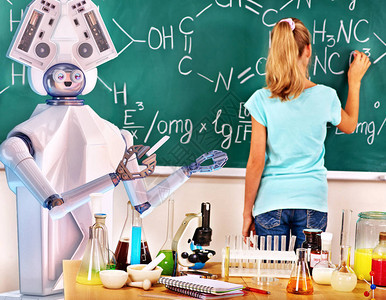 学童和aiandroid机器人在教室的黑板上写字女孩通过人形机器进行交互式在线学习化学和生物学课程背景图片