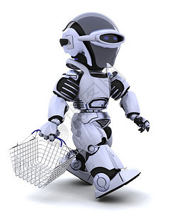 带篮子购物的机器人的3D渲染图片
