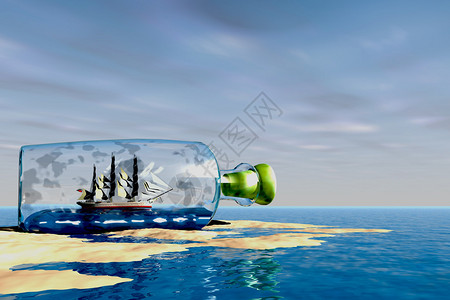 一艘装在瓶子里的船冲上海滩图片