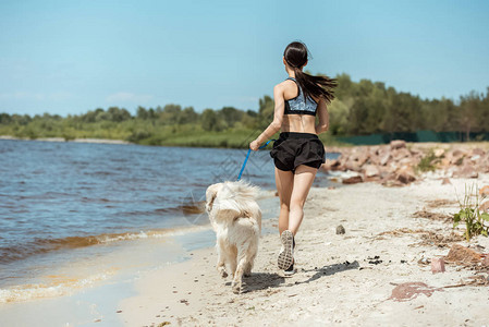 在海边的海滩上与狗一起跑步的女慢跑者的后视图图片