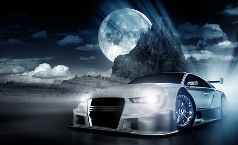 沙漠之夜赛跑酷炫的黑暗能汽车主题与沙漠景观和大月亮沙漠图片